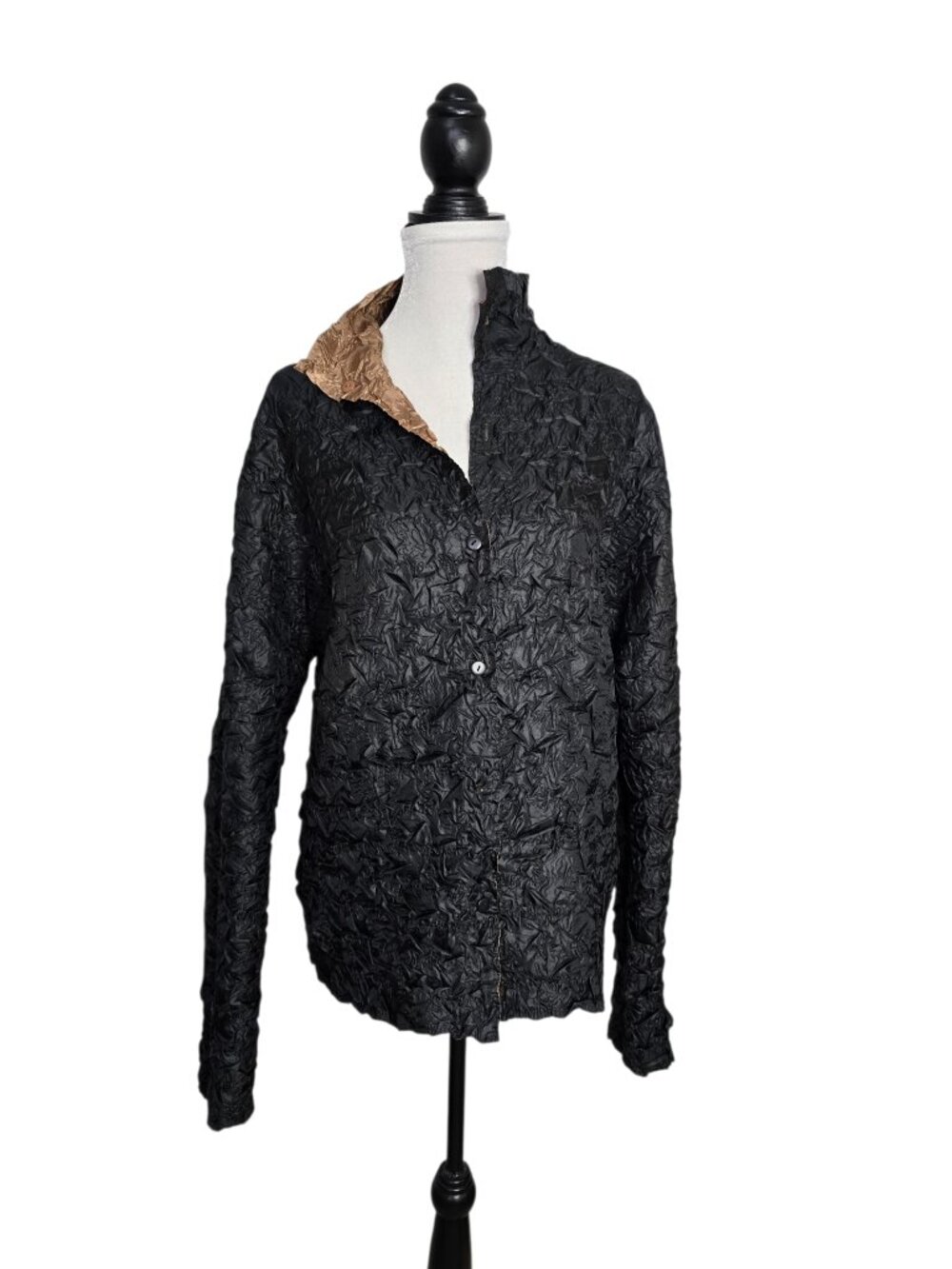 Vintage Reversible Textured Bronze & Black Blouse High Neck Petite Medium - Picture 7 of 16